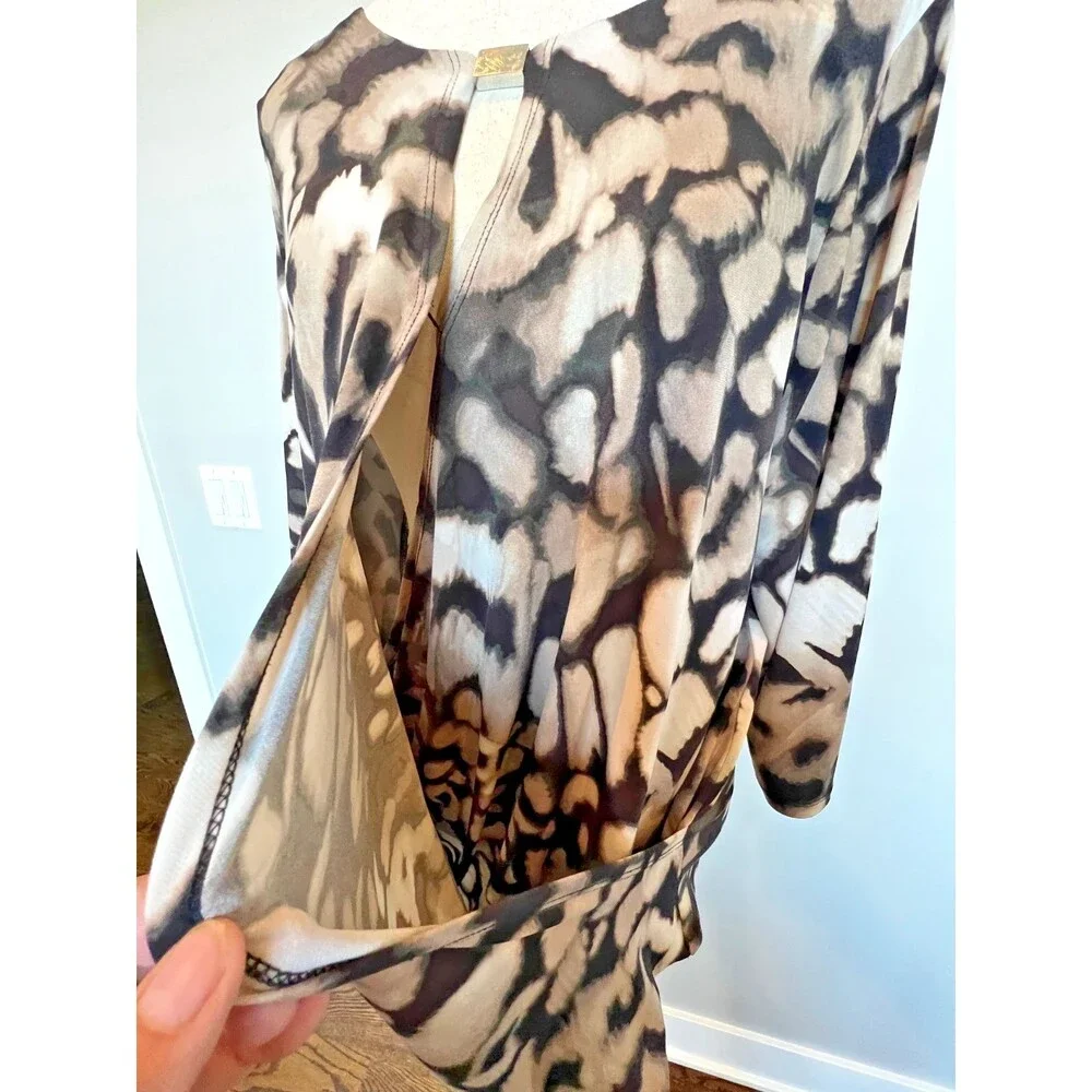 Calvin Klein Women's Abstract Animal Print Wrap Top with 3/4 Sleeves - Picture 3 of 14